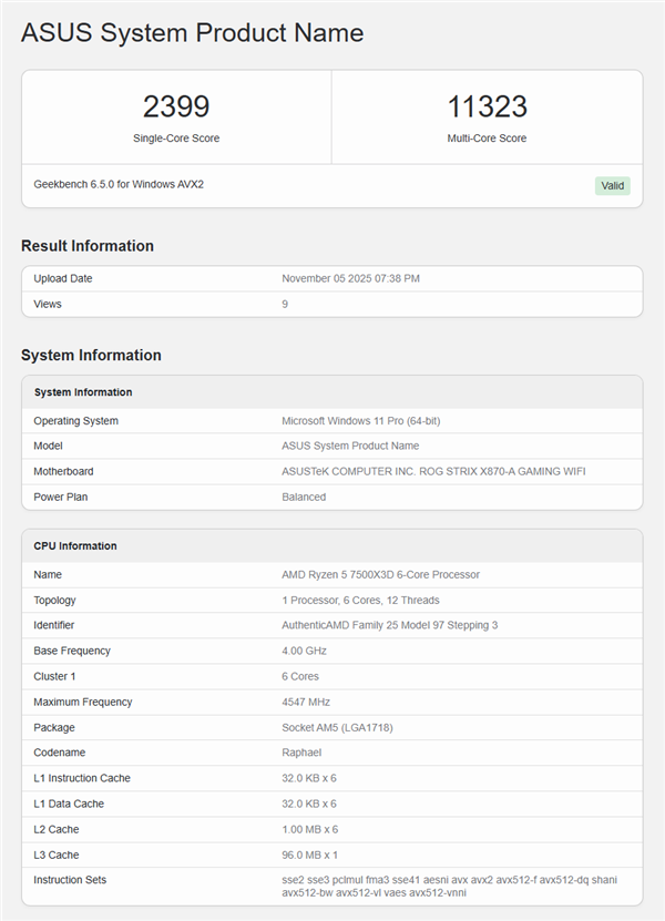 低价游戏神U！AMD入门锐龙5 7500X3D首次跑分：仅比7600X3D慢8%