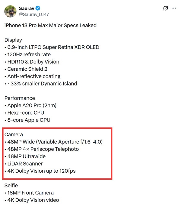 iPhone 18 Pro首次搭载可变光圈镜头:光圈参数与华为Pura 80 Pro保持一致